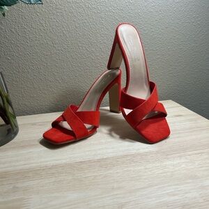 Anne Michelle Red Square Toe Criss Cross Strap Open Toe Block Heel Sandals NWOT